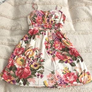 Pink yellow floral ruched bust shirred back dress